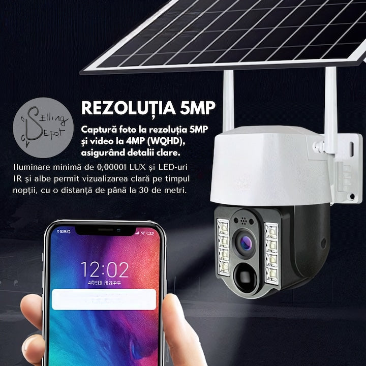 Cameră Supraveghere 4G Solară 5MP PTZ – Panou Solar 7.5W, Vedere Nocturnă Color, IP66