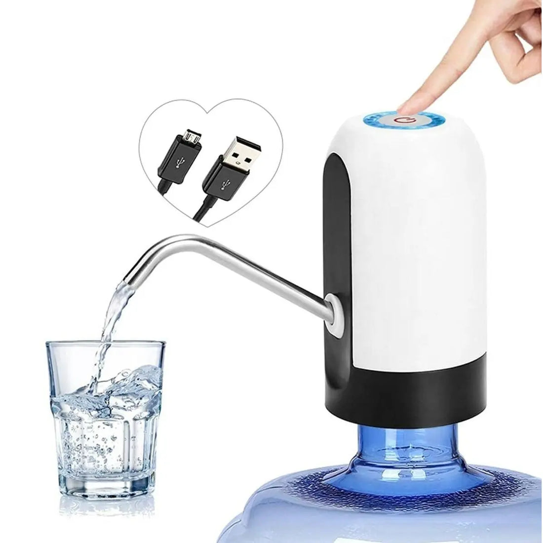 Dispozitiv electric reincarcabil de pompare apa, HAUSBERG HB-2605, din otel inoxidabil si plastic, pentru sticle PET de 10l, buton on/off, baterie incorporata, USB, alb/negru