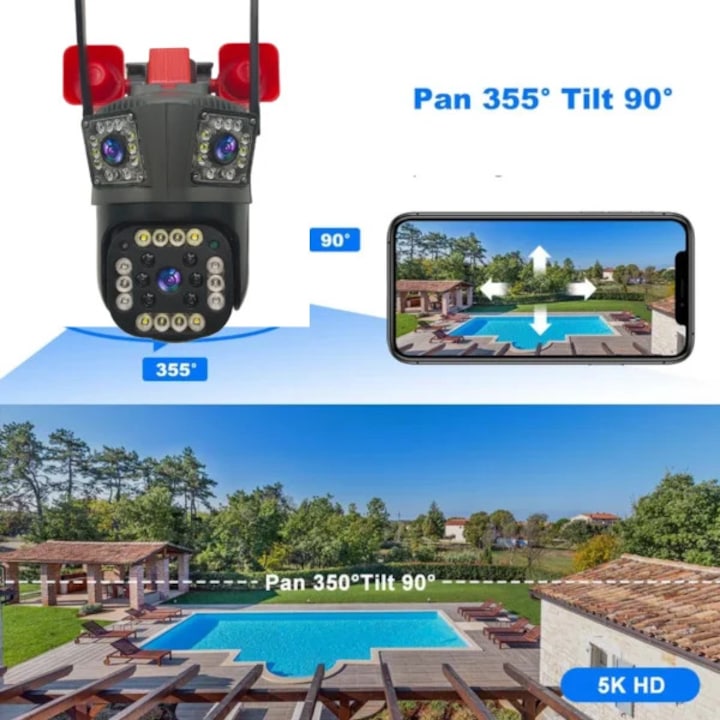 Cameră Supraveghere WiFi Triplă – Ultra HD, Zoom 5X, Rotire 360°, LED IR