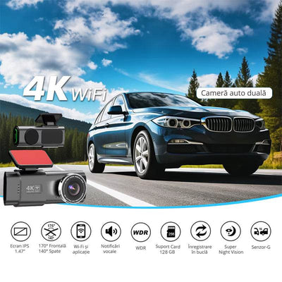 Camera auto de bord 4K, Rezolutie 3840x2160 Ultra HD, Conectivitate Wi-Fi, + Camera Spate 1080p - Specializat.ro