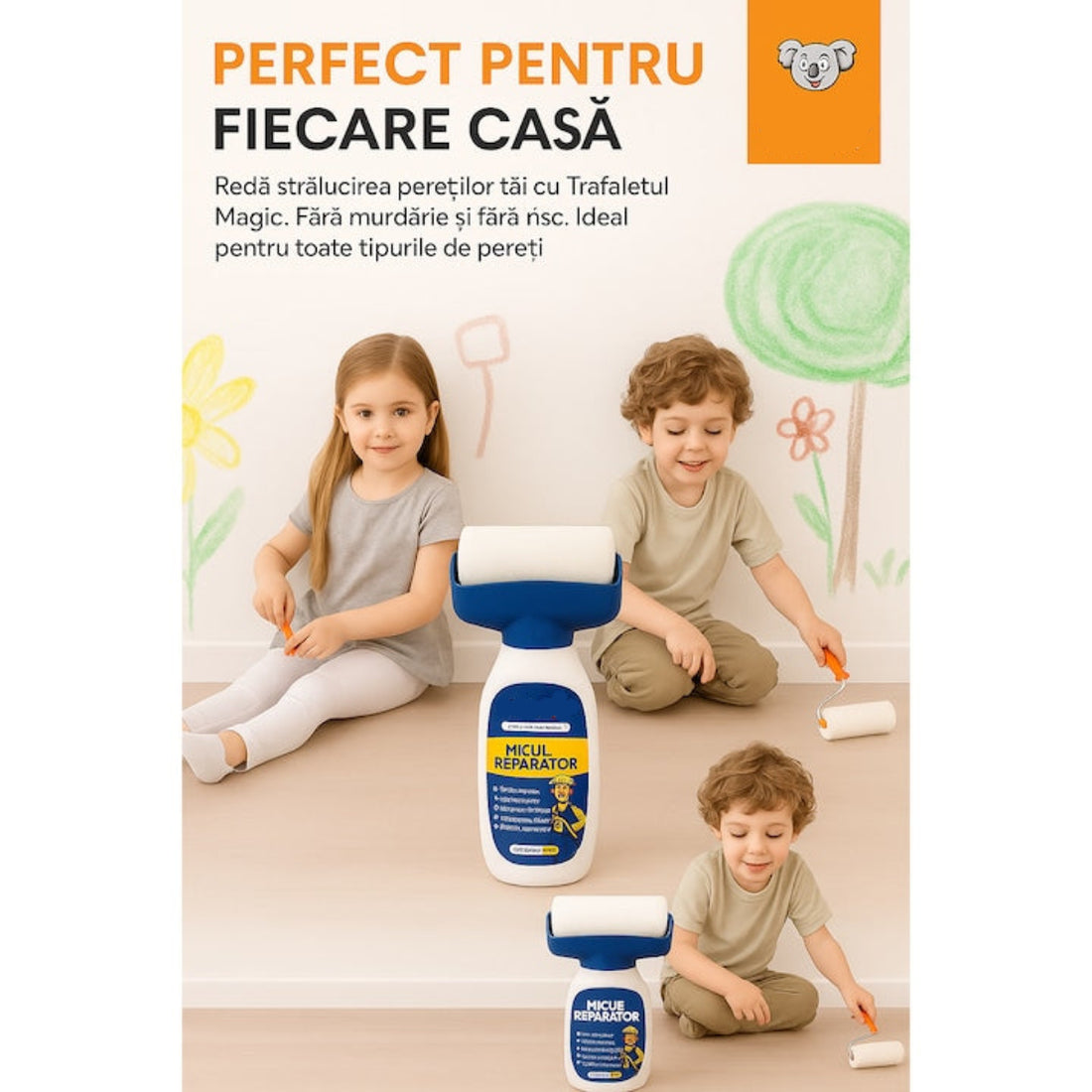 Kit Reparare Perete – Trafalet Magic Micul Reparator cu Rolă și Vopsea Lavabilă 500g