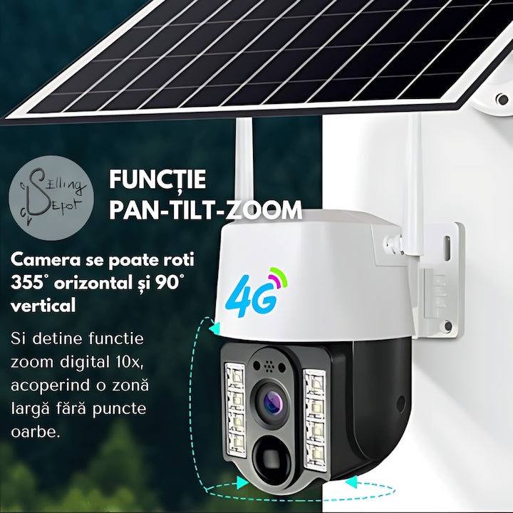 Cameră Supraveghere 4G Solară 5MP PTZ – Panou Solar 7.5W, Vedere Nocturnă Color, IP66