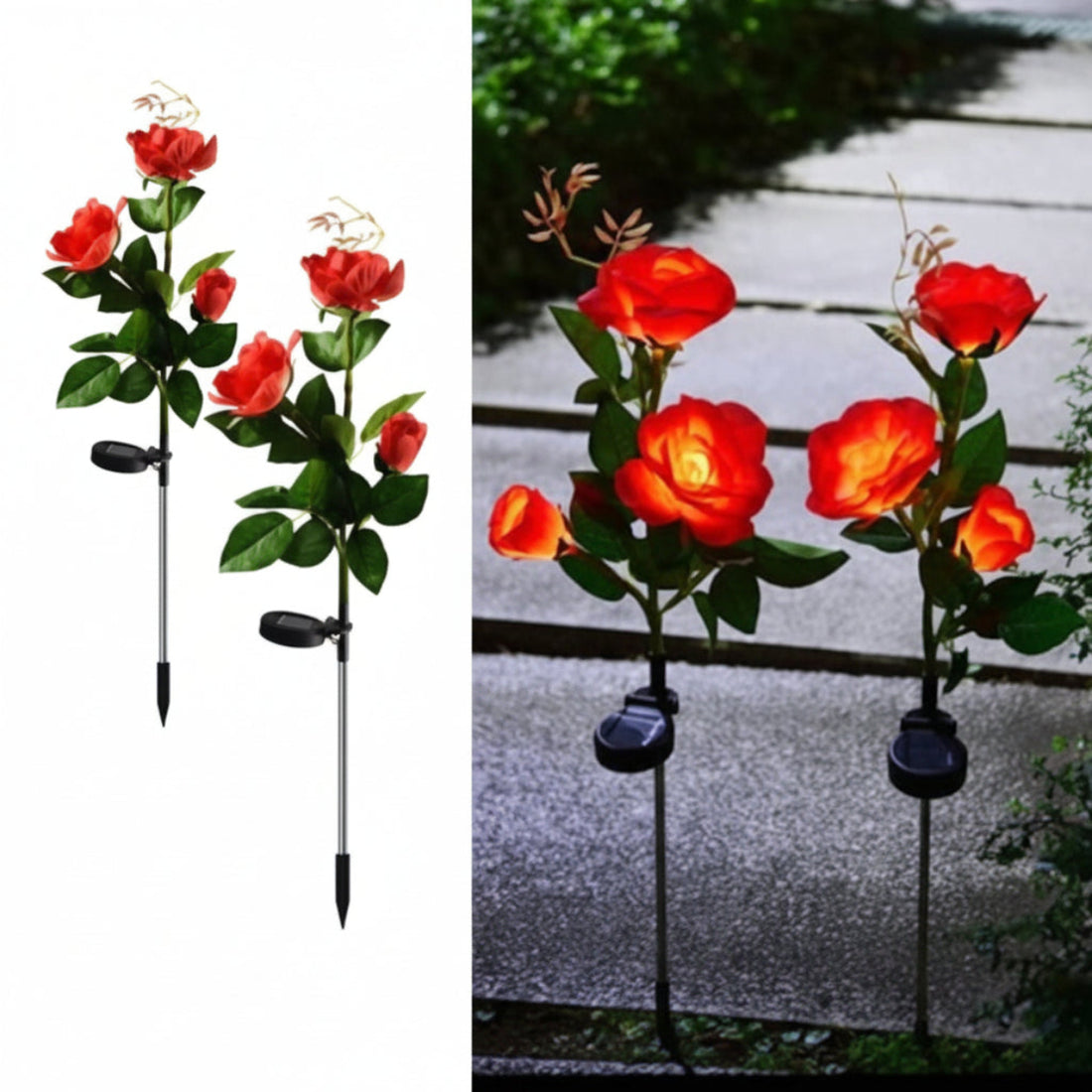 Set 2 Lampi Solare de Gradina – Trandafir Rosu, Senzor de Lumina, IP65