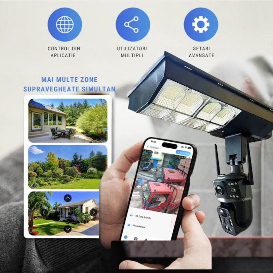 Lampă Solară cu Cameră Supraveghere 4G SIM 4MP | PTZ 355°, Panou Solar 24W, Baterie 18000mAh