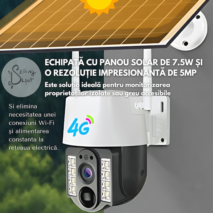 Cameră Supraveghere 4G Solară 5MP PTZ – Panou Solar 7.5W, Vedere Nocturnă Color, IP66