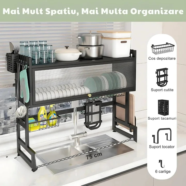 Scurgator organizator vase otel inoxidabil, 75 cm lungime, design spatios, practic, uscarea rapida si eficienta a vaselor, rezistent la rugina, coroziune, negru