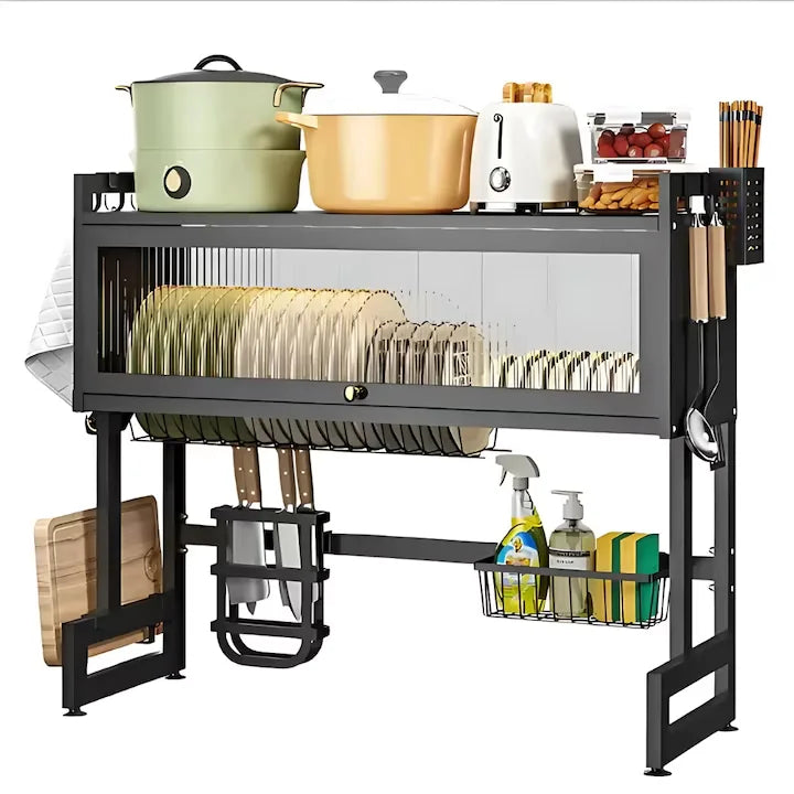 Scurgator organizator vase otel inoxidabil, 75 cm lungime, design spatios, practic, uscarea rapida si eficienta a vaselor, rezistent la rugina, coroziune, negru
