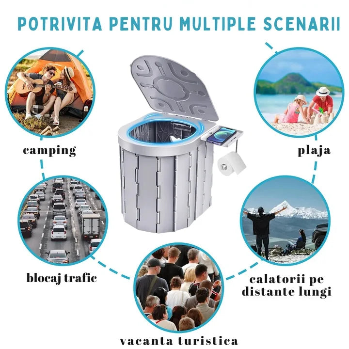 Toaleta Portabila Pliabila, Pentru Camping, Rulota, Cabana, Material ABS+PU, Compact si Usor, Gri