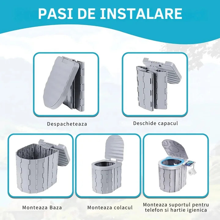 Toaleta Portabila Pliabila, Pentru Camping, Rulota, Cabana, Material ABS+PU, Compact si Usor, Gri