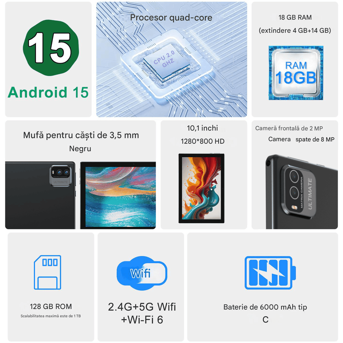 Tableta Android 10.1 inch, 18GB RAM, 128GB ROM, WiFi, cu Tastatura, Mouse, Carcasa de Protectie si Stilou - Specializat.ro