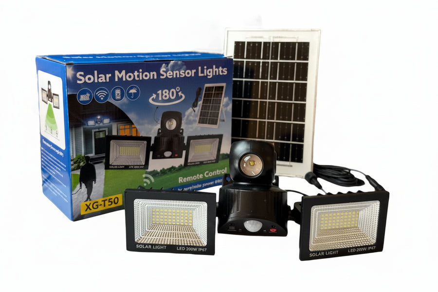 XG-T50 Proiector solar LED dublu impermeabil 200W cu senzor de miscare si telecomanda, IP67